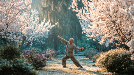 Elderly man practicing tai chi among blooming cherry blossom trees in serene misty garden with pink flowers and tranquil natural scenery.の素材