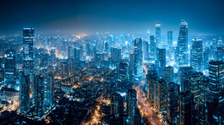 Illuminated metropolitan skyline at night with glowing skyscrapers, light trails from traffic, and misty blue atmosphere creating dramatic urban landscape.の素材