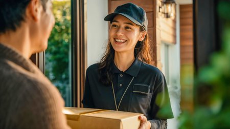 Smiling delivery woman in uniform holding cardboard package at customer doorstep. Professional courier service worker delivering parcel with friendly attitude.の素材