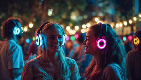 Two young women enjoying outdoor silent disco party wearing glowing LED headphones with colorful lights and bokeh background at night event.の素材