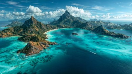 Aerial view of tropical island paradise with turquoise lagoon waters white sandy beaches and dramatic volcanic mountains under blue sky.の素材