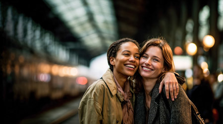 Two happy young women friends smiling and embracing warmly together in urban train station with bokeh lights in background.の素材
