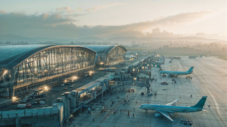 Modern airport terminal with curved glass architecture and aircraft on tarmac during misty sunrise with mountain backdrop.の素材