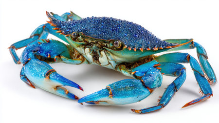 Vibrant blue crab covered in water droplets on a white background.の素材