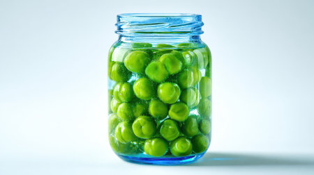 Preserved green olives in clear glass jar with brine solution on light blue background for healthy Mediterranean food storage and fermentation concept.の素材