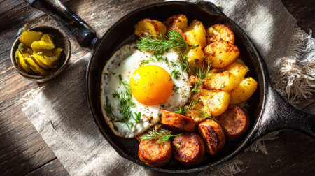 Fried egg with roasted potatoes and sausage in a cast iron skillet.の素材