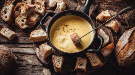A delicious cheese fondue is served with toasted bread cubes.の素材