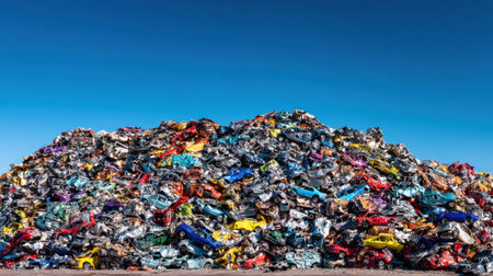 A massive pile of colorful crushed cars awaits recycling.の素材