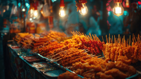 Street food skewers displayed under warm lights at a vibrant night market.の素材