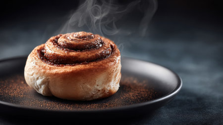 Steaming cinnamon roll rests on a dark plate, ready to be enjoyed.の素材