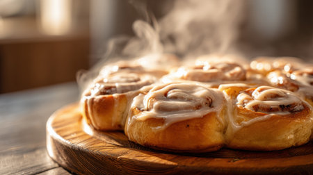 Hot cinnamon rolls steam on a wooden board with sweet icing.の素材