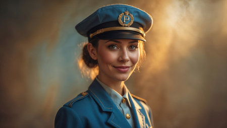 Portrait of smiling policewoman in official blue uniform.の素材