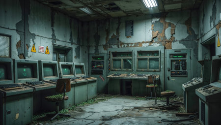 Abandoned control room slowly decaying with overgrown plants.の素材
