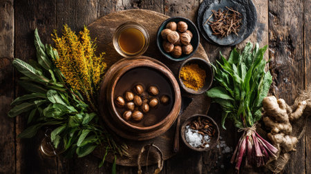 Natural ingredients are prepared for traditional remedies on a rustic table.の素材