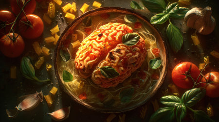 Halloween pasta brains served with fresh basil and tomatoesの素材