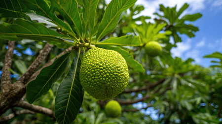 A green breadfruit hangs on a tropical tree branch in nature.の素材