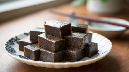 Dark brown jelly cubes stacked neatly on a decorative plate.の素材