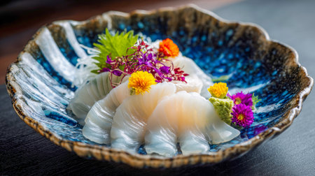 Exquisite Japanese sashimi is served on a beautiful blue plate.の素材