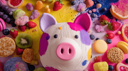 Colorful pig head surrounded by vibrant sweets and fruits.の素材