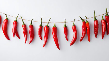 Vibrant red chili peppers hanging on a rustic string.の素材