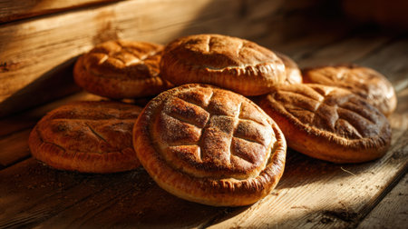 Freshly baked artisan bread rests on a rustic wooden table.の素材