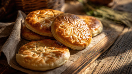 Golden baked pastries with decorative patterns on wood.の素材