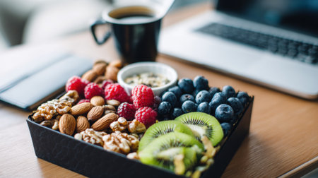 Nutritious snack box with fresh berries and nuts sits on a wooden desk.の素材