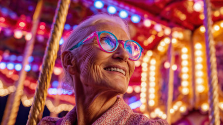 Joyful senior woman wearing colorful eyeglasses smiling at carnival with vibrant bokeh lights creating festive atmosphere at night.の素材