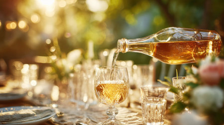 A person pouring white wine into a glass during a sunny garden party.の素材