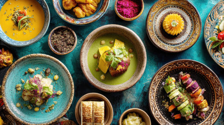 Colorful gourmet dishes are artfully arranged on a vibrant teal background.の素材