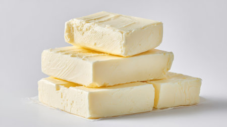Blocks of fresh yellow butter stacked on white background.の素材