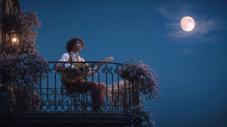 A musician plays an acoustic guitar on a moonlit balcony, surrounded by flowering plants in the night.の素材