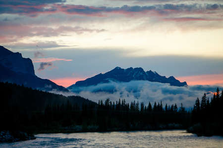 Late Sunset above the Cascade Mountain viewed from Town of Canmore, Banff NP, Canadaの写真素材