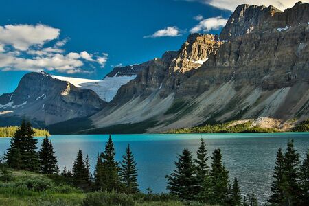 Scenic Columbia Icefield parkway along Bow lake, Banff national park in Canadaの写真素材