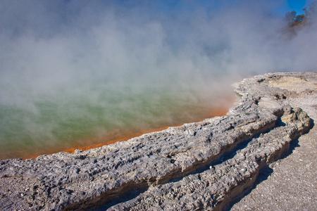 Champaign pool in Waiotapu thermal park in New Zealand, Rotorua adventure, hot springs tour in Australasiaの写真素材