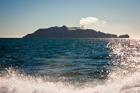Coming closer to White Island in New Zealand, natural volcanic parkの写真素材