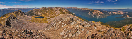 Panoramatic view of Nelson Lakes national park from Parachute Lookout, New Zealand, dream destination number one, summer travelling in Oceania, Zealandian national parks hiking, most beautiful treks on the world according lonely planet guide bookの写真素材