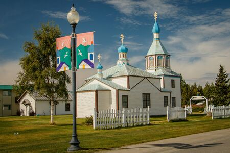Holy Transfiguration of Our Lord Chapel in town of Kenai in Alaska, famous touristic alaskan attraction, russian old architecture in Alaska landの写真素材