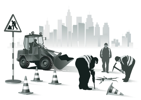 Workers repair the road  In the background bulldozerのイラスト素材