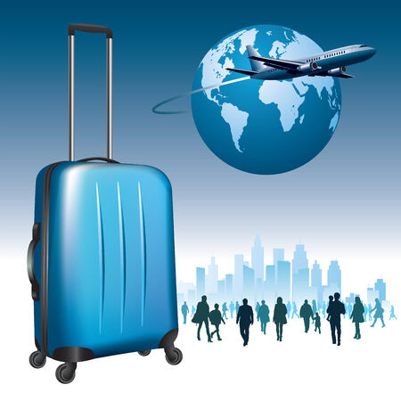 Travel bags and airplane in sky.のイラスト素材
