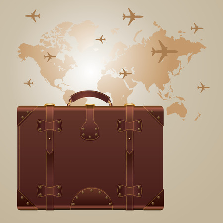 Leather suitcase for travel. Airplanes on the world map. のイラスト素材