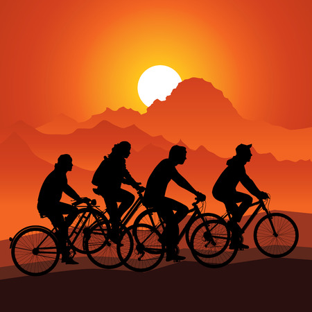 Silhouettes bike riders in nature mountain landscape. Vector illustrationのイラスト素材