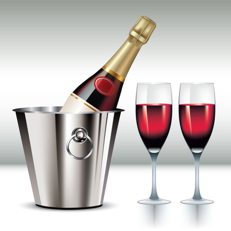 Champagne in cooler and full champagne glass. のイラスト素材