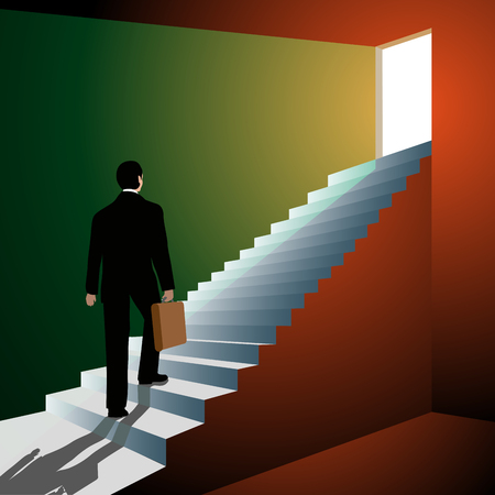 Man walking up the stairs to open doors. Vector illustrationのイラスト素材