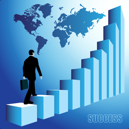 Businessman climbs up to the top success stairs. Vector illustrationのイラスト素材