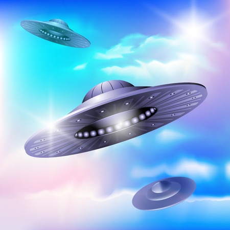 UFO flying in a sky. Alien invasion. Vector illustrationのイラスト素材