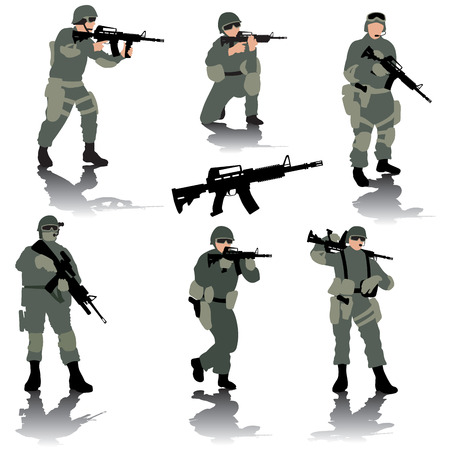 Set of editable silhouettes of modern soldiers. Vector illustrationのイラスト素材
