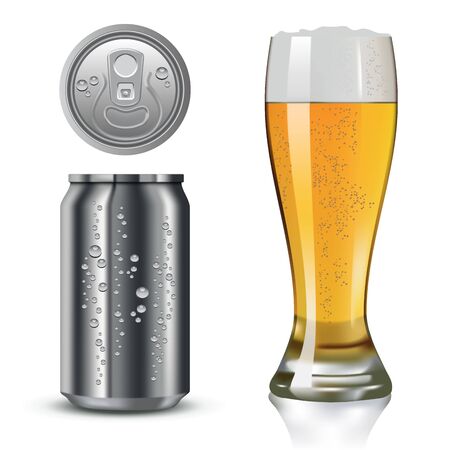 Silver can and beer glass isolated on white. Vector illustrationのイラスト素材