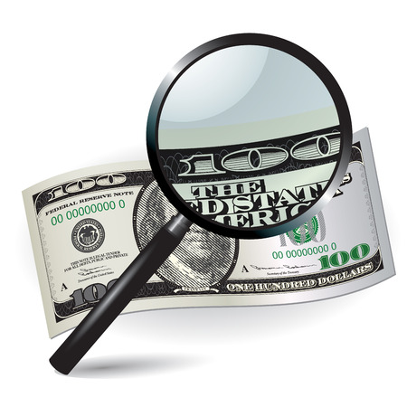 One hundred dollar with magnifier. Top view. Vector illustrationのイラスト素材
