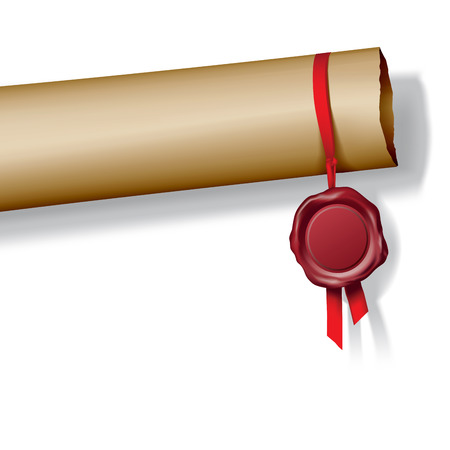 Roll of paper with red wax seal. Vector illustrationのイラスト素材